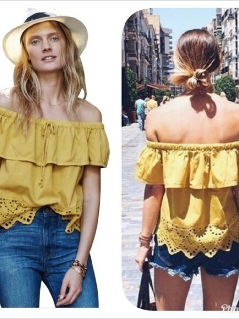 Madewell Mustard Off-Shoulder Ruffle Eyelet Crop Top